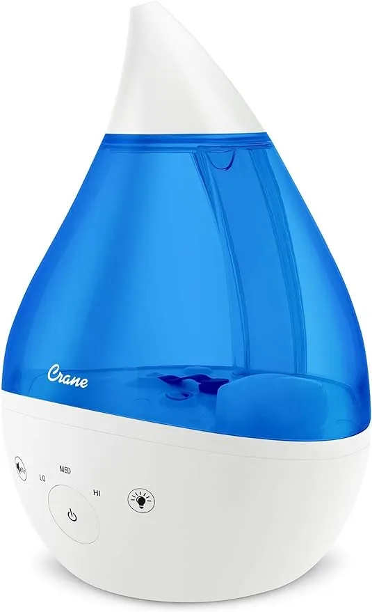 Crane 4-in-1 Drop Ultrasonic Cool Mist Humidifier, 1 Gallon, Top Fill Humidifier, 24 Hour Run Time, with Optional Sound Machine and Color Changing Nightlight, Blue & White