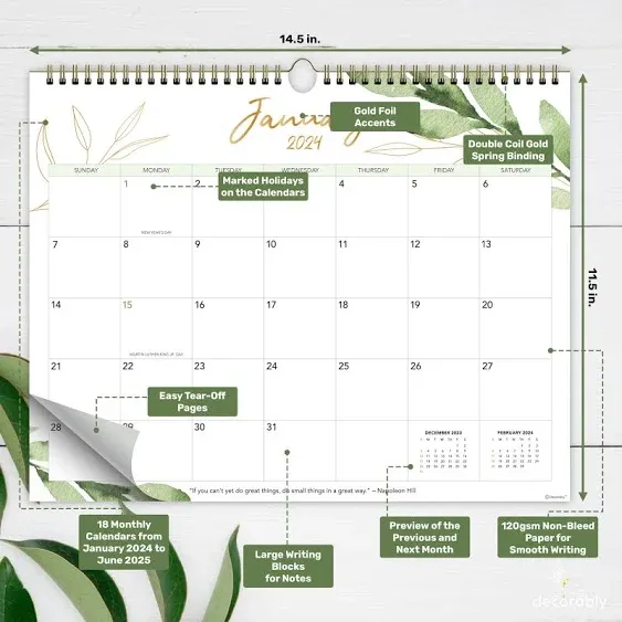 Decorably Wall Calendar Landscape - 18 Months Academic 2024 Calendar Wall Hanging Large July 2024 to Dec 2025, 14.5x11.5in 18 Month Wall Calendar 2024-2025 Monthly, Large Wall Calendar 2024-2025