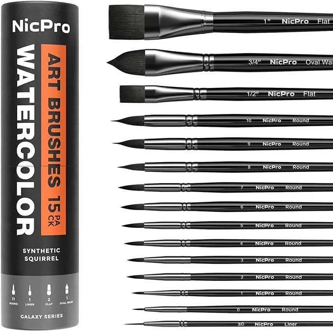 Nicpro 15PCS Watercolor Brushes Set, Artists Professional Watercolor Paint Brush, Soft Synthetic Squirrel Hair with Round, Flat, Dagger, Wash for Water Color, Gouache, Ink - with Holder & Bag