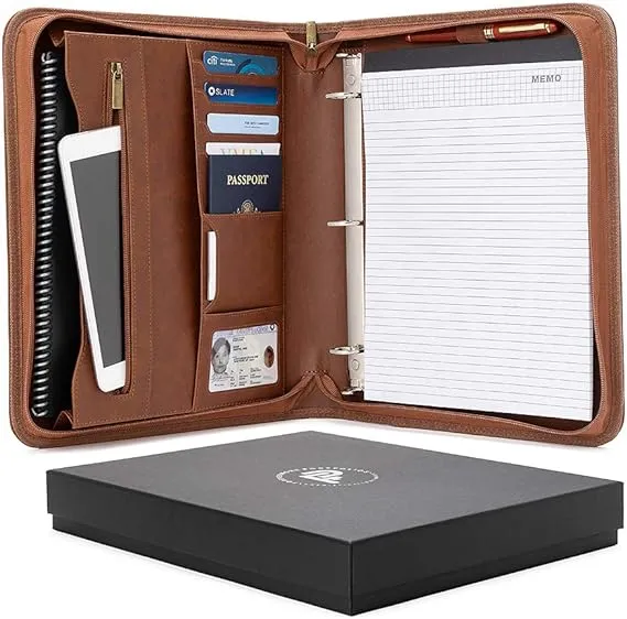 Forevermore Portfolios Padfolio Binder - Professional Faux Leather Travel Organizer Pouch for Tablet, Documents, Presentation Folders, Zipper Closure, Removable 3-Ring Notepad - Brown