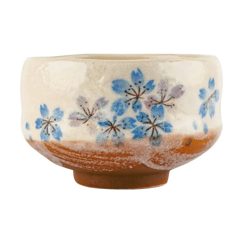 FMC Fuji Merchandise Traditional Japanese Tea Ceremony Matcha Bowl Chawan Textured Glaze Maple Leaf Design Handcrafted in Japan (blue sakura)