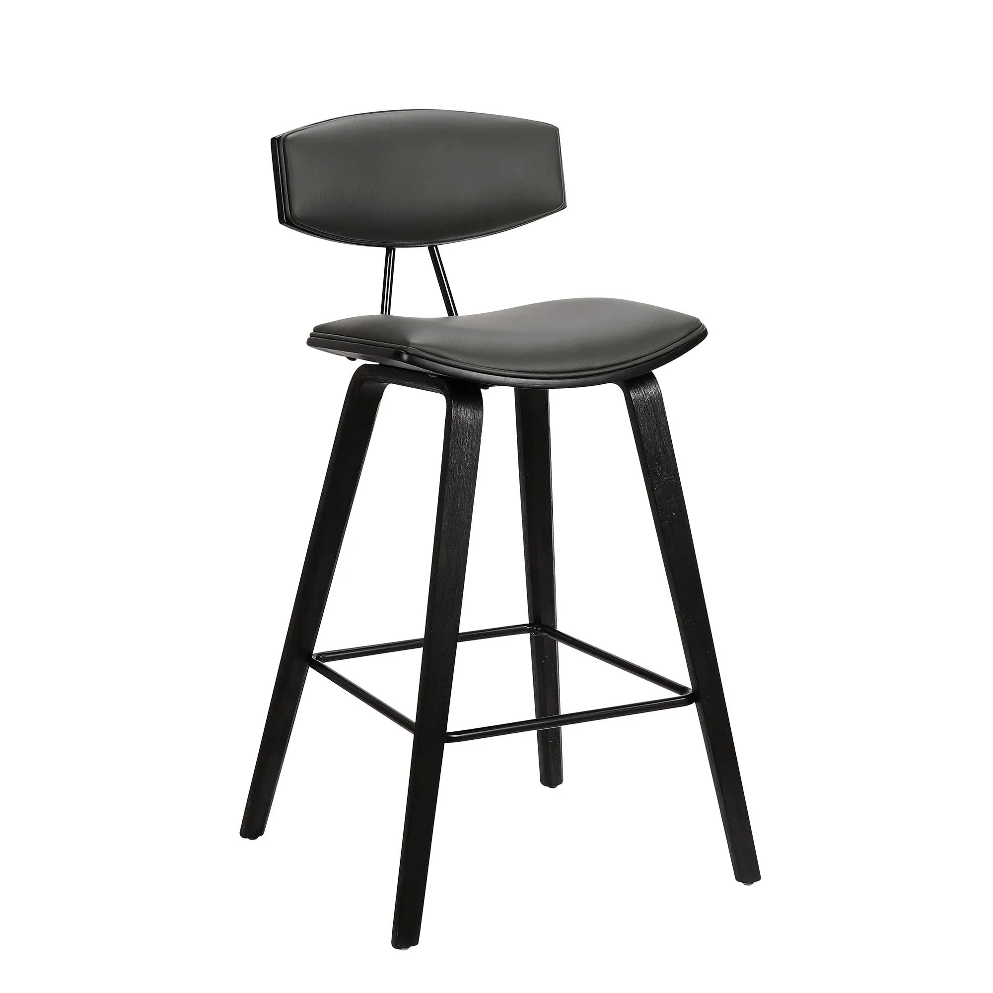 Armen Living Fox 25.5" Counter Height Grey Faux Leather and Black Wood Mid-Century Modern Bar Stool