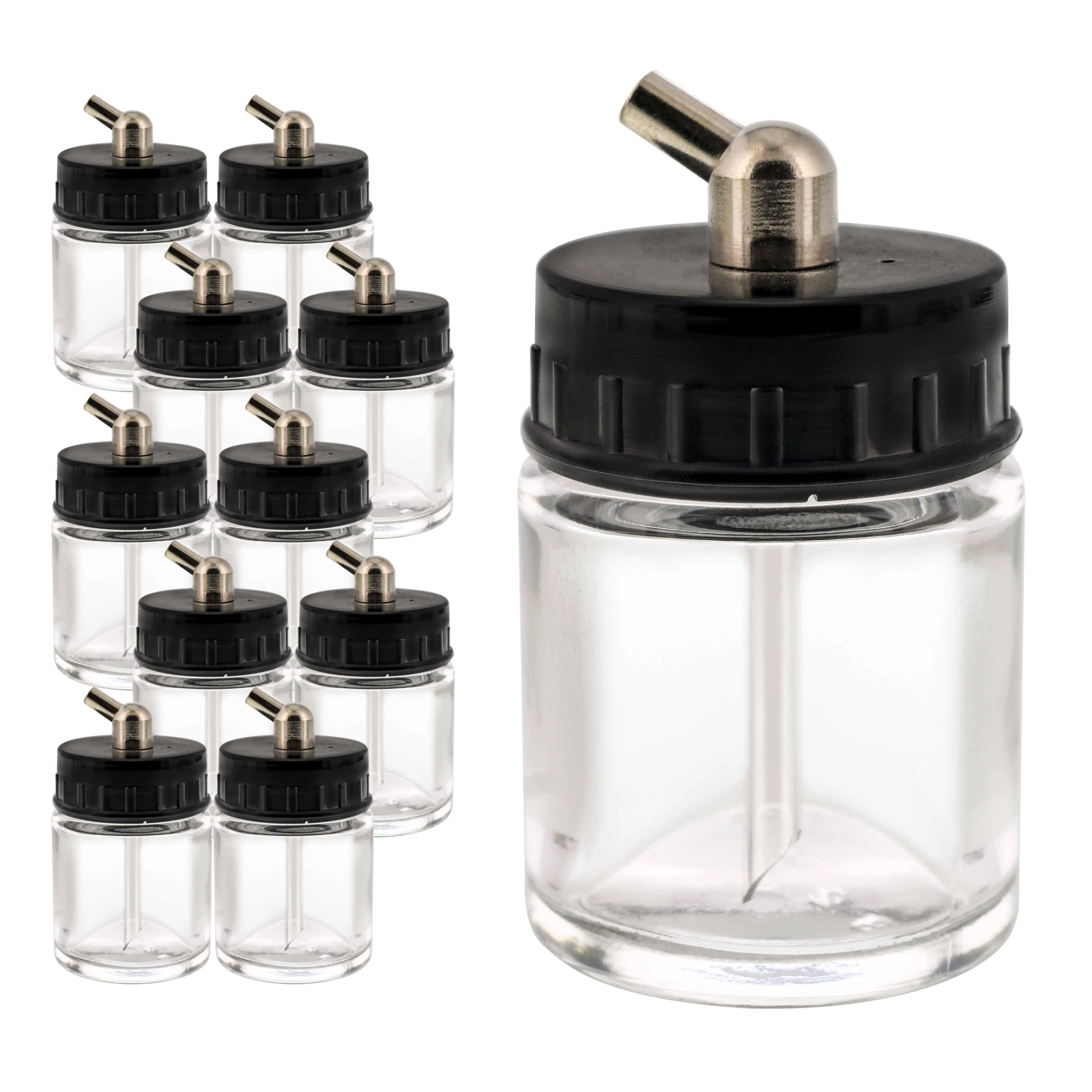 10 Airbrush 3/4oz Glass Jar Bottles 60° Angle Adaptor Lid Assembly Single-Action