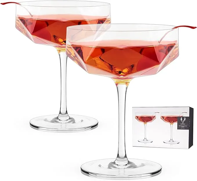 Viski Faceted Coupe Glasses set of 2, Champagn, Martini, Wine, Crystal Cocktail Glasses for Bar, Drinking Glass Set of 2, 7oz