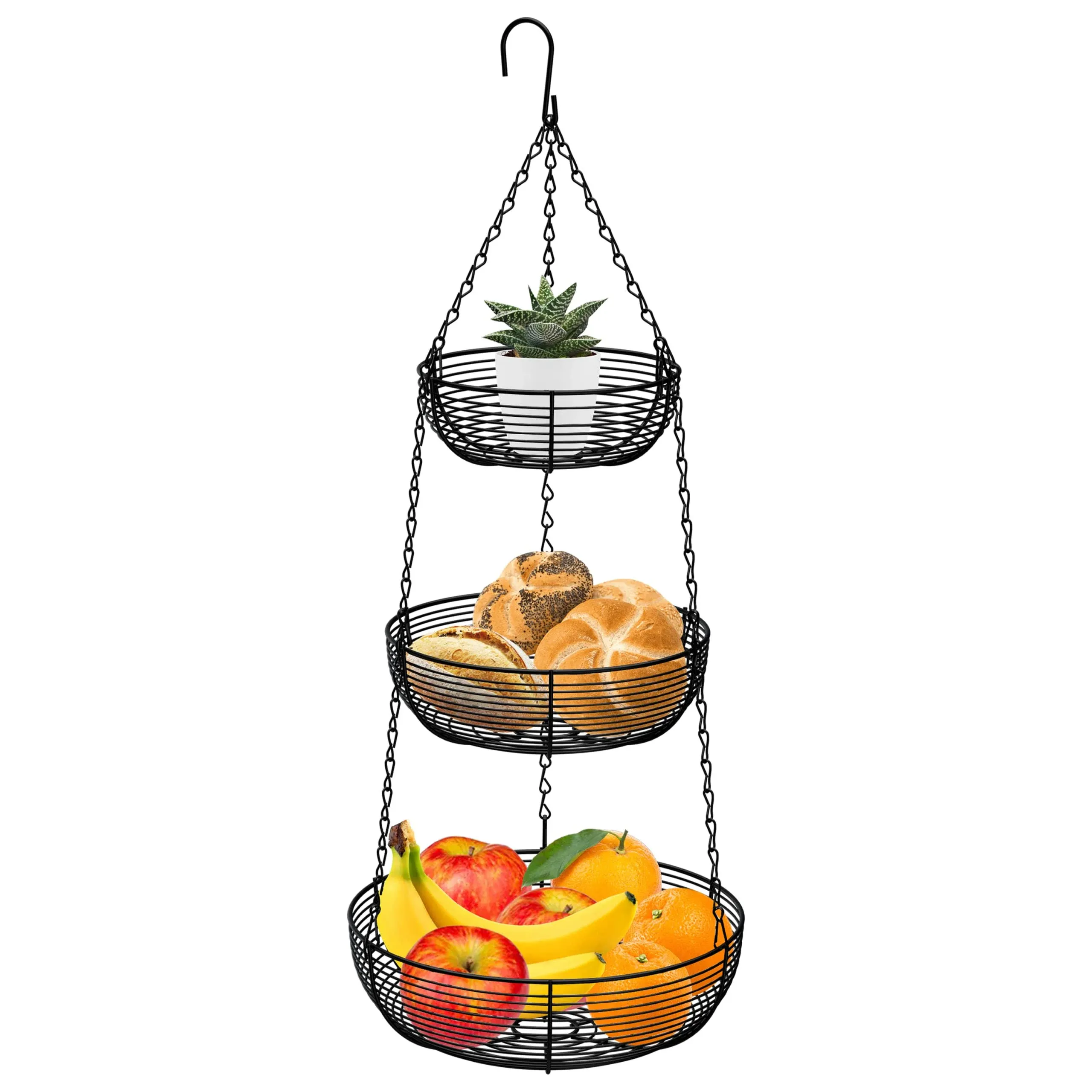 CAXXA 3-Tier Hanging Basket Fruit Organizer Kitchen Heavy Duty Wire Organizer with 2 Free Bonus Metal Ceiling Hooks, Black