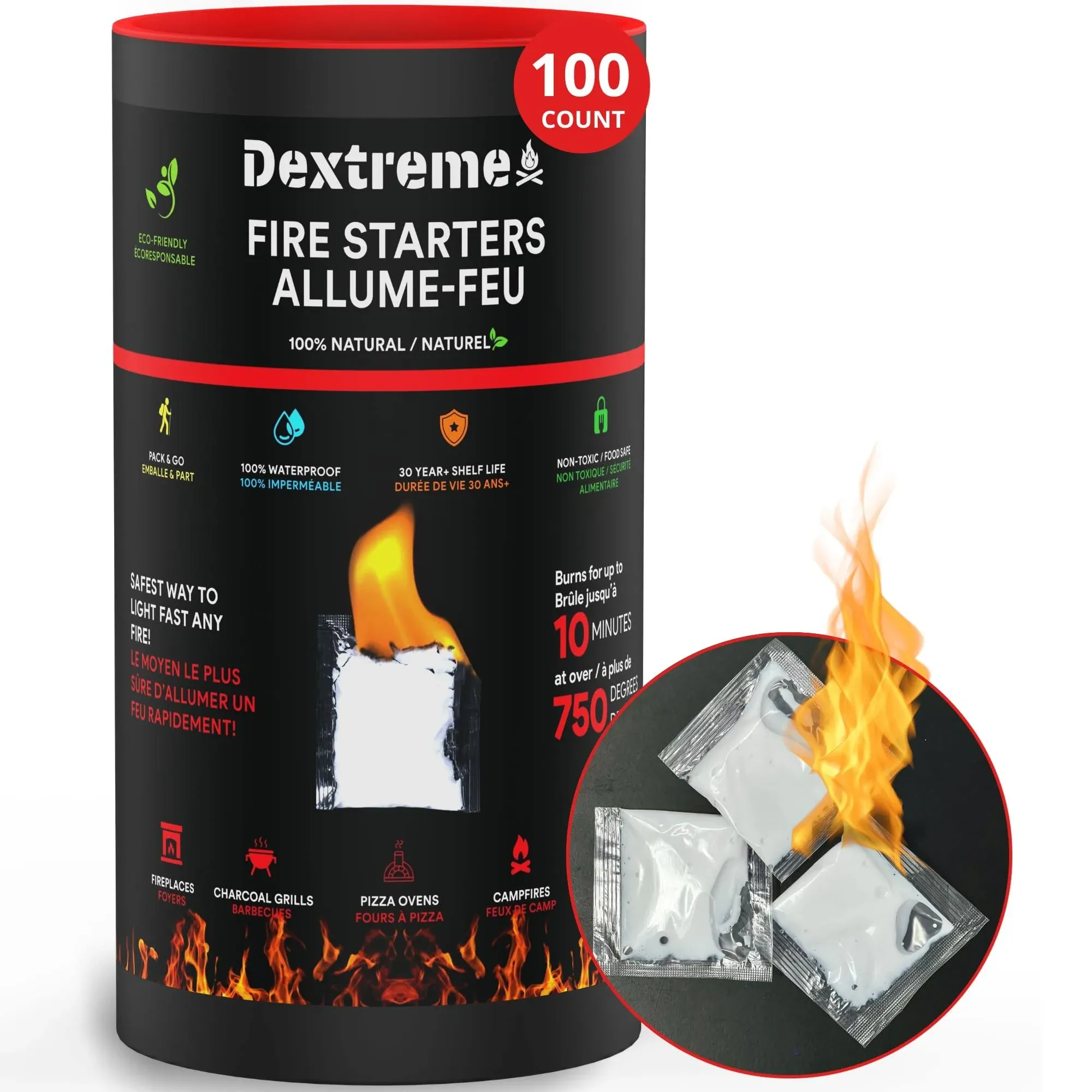 Dextreme Quick Instant Fire Starter 100Pcs - Waterproof All-Purpose Indoor & Outdoor Firestarter, for Charcoal Starter, Campfire, Fireplace, BBQ, Survival and Wood Stove - Odorless and Non-Toxic