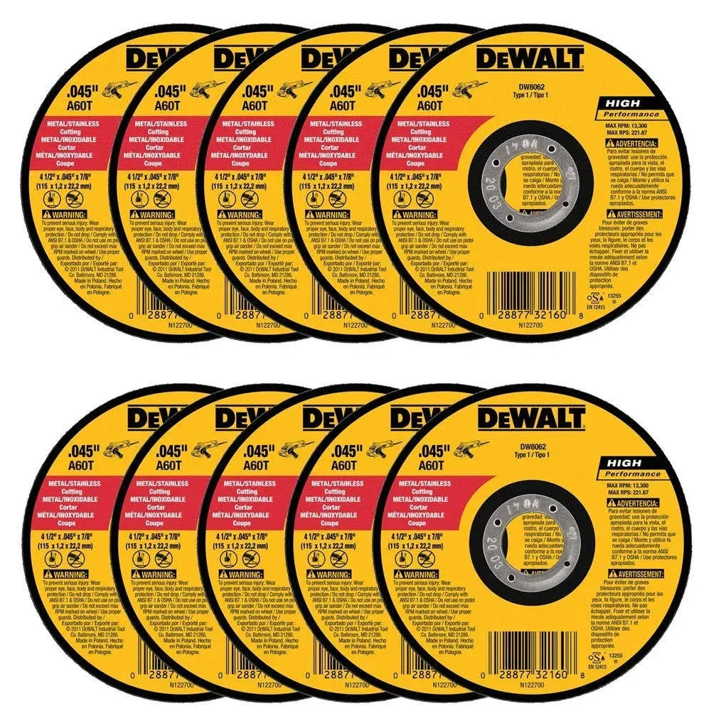 Dewalt Dw8062 4-1/2"x.045"x7/8" Metal Angle Grinder Thin Cutoff Wheel