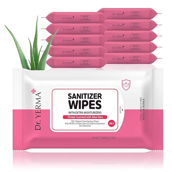 Dr. Yerma 70% Alcohol Hand Sanitizer Wipes with Aloe Vera & Extra Moisturizers, 10 Packs of 20 (200 Wipes), Travel size, Vegan Fresh Scented