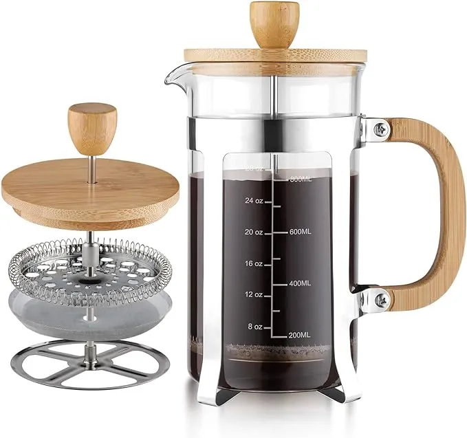 Sivaphe 34 oz French Press Coffee/Tea Maker with Bamboo Lid and Hand Stainless Steel High Borosilicate Glass 1000ml Coffee Brewer Set