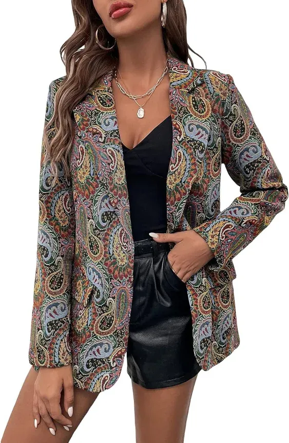 WDIRARA Women's Floral Print Lapel Neck Jacket Blazer