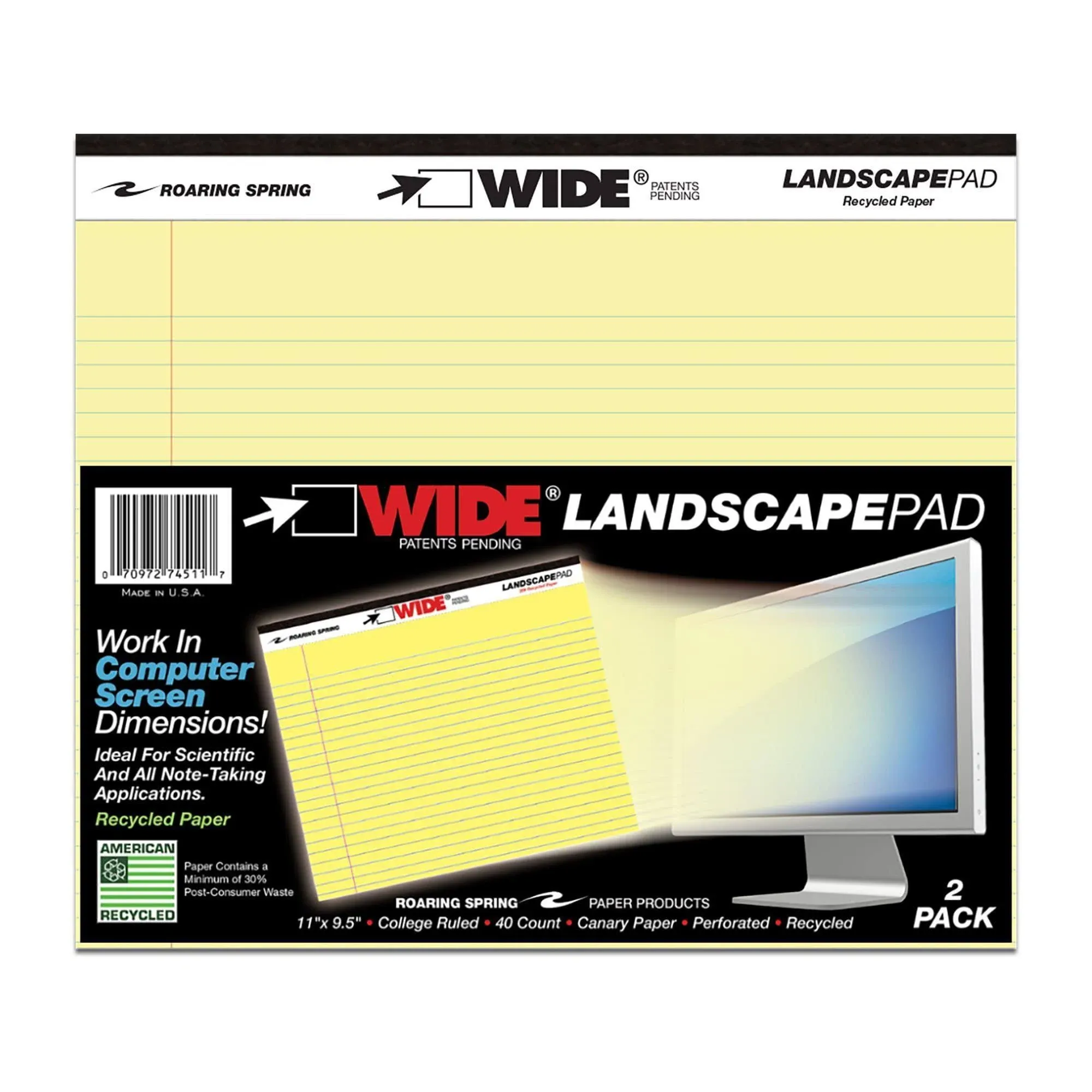 Roaring Spring Wide College Ruled Landscape Legal Pad 2 Pack 11" x 9.5" 40 Sheets Canary