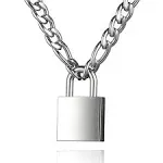 DIBOLA Padlock Necklace Stainless Steel Lock Chain for Men Women Silver 18-24 inch