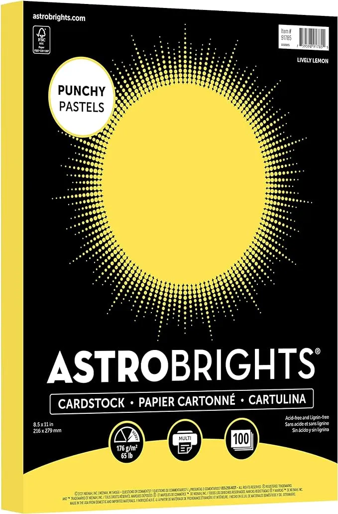 Astrobrights Punchy Pastels 8.5" x 11" Colored Paper, 65 lbs., Lively Lemon, 100 Sheets/Pack (91785) | Staples