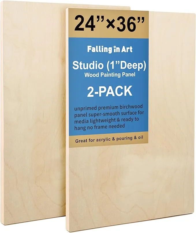 Falling in Art Unfinished Birch Wood Panels Kit for Painting, Wooden Canvas 2 Pack of 24"x36" Studio 1’’ Deep, Cradle Boards for Pouring, Art,