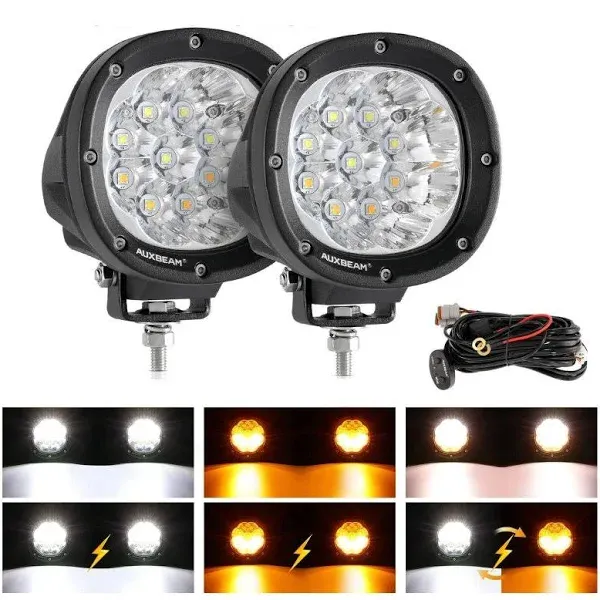 Auxbeam 6 Modes Amber White Round LED Offroad Lights 4Inch 90W Dual Color Strobe Light Bar Off Road Fog Lights