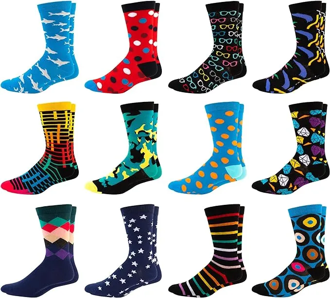 Mitch Bogen Men's Colorful Dress Socks - Fun Patterned Funky Crew Socks for Men - 12 Pack Style 2, Sock Size 13-15Shoe Size 12-16, Size: Shoe 12-16,