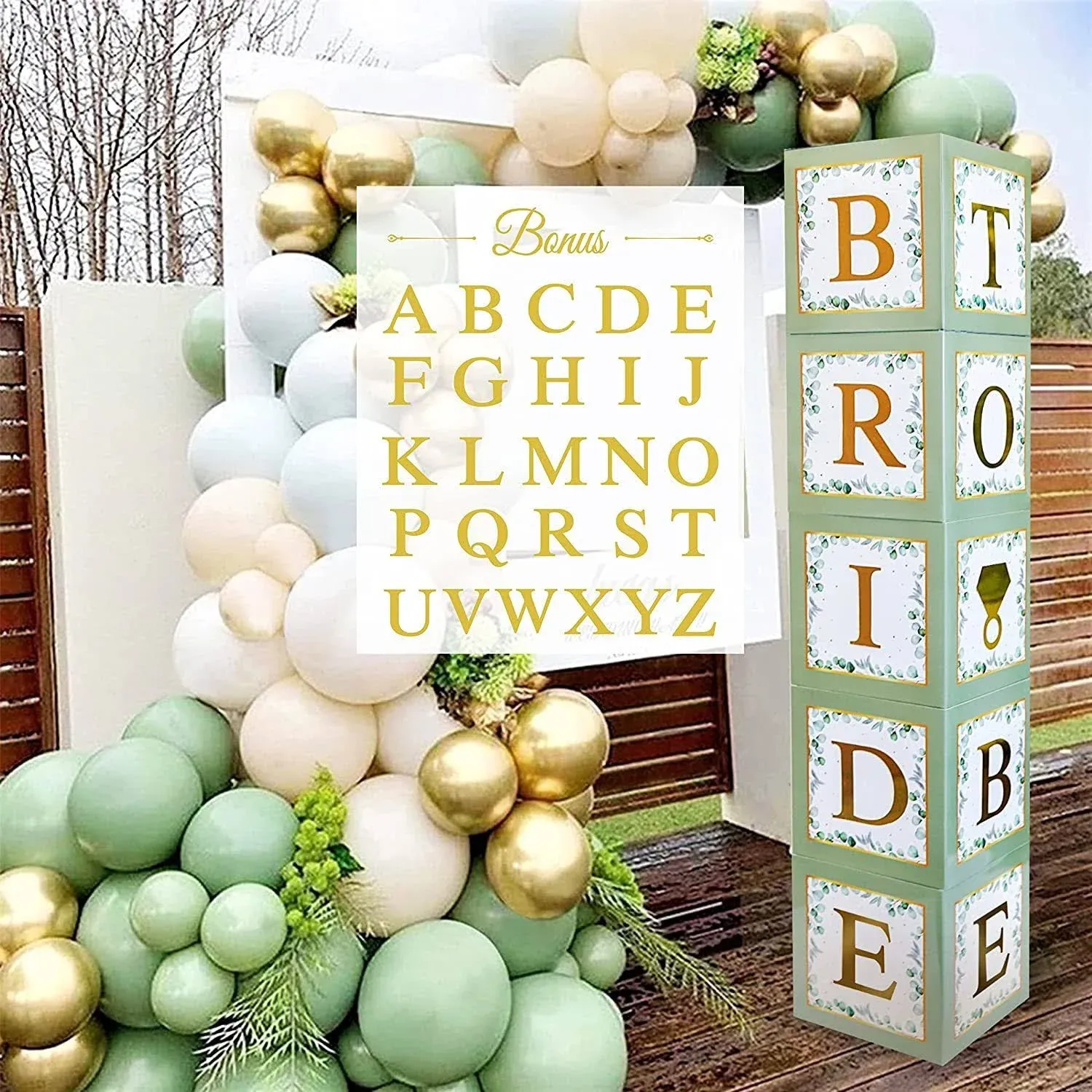 101 PC Greenery Bridal Shower Decorations Balloon Boxes Gold- Blocks with BRIDE TO BE + GROOM + A - Z Letters and 40 Balloons- Engagement Bachelorette Parties Weddings Centerpieces Photo Booth Props