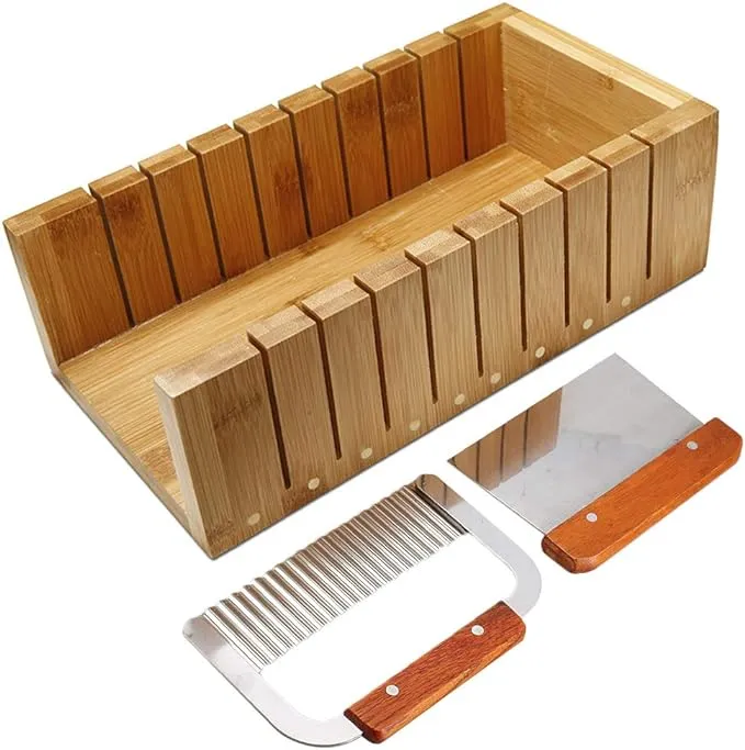 Soap Cutting Tool Set Wooden Loaf Cutter Mold + 2 Pcs Straight Wavy Stainless St