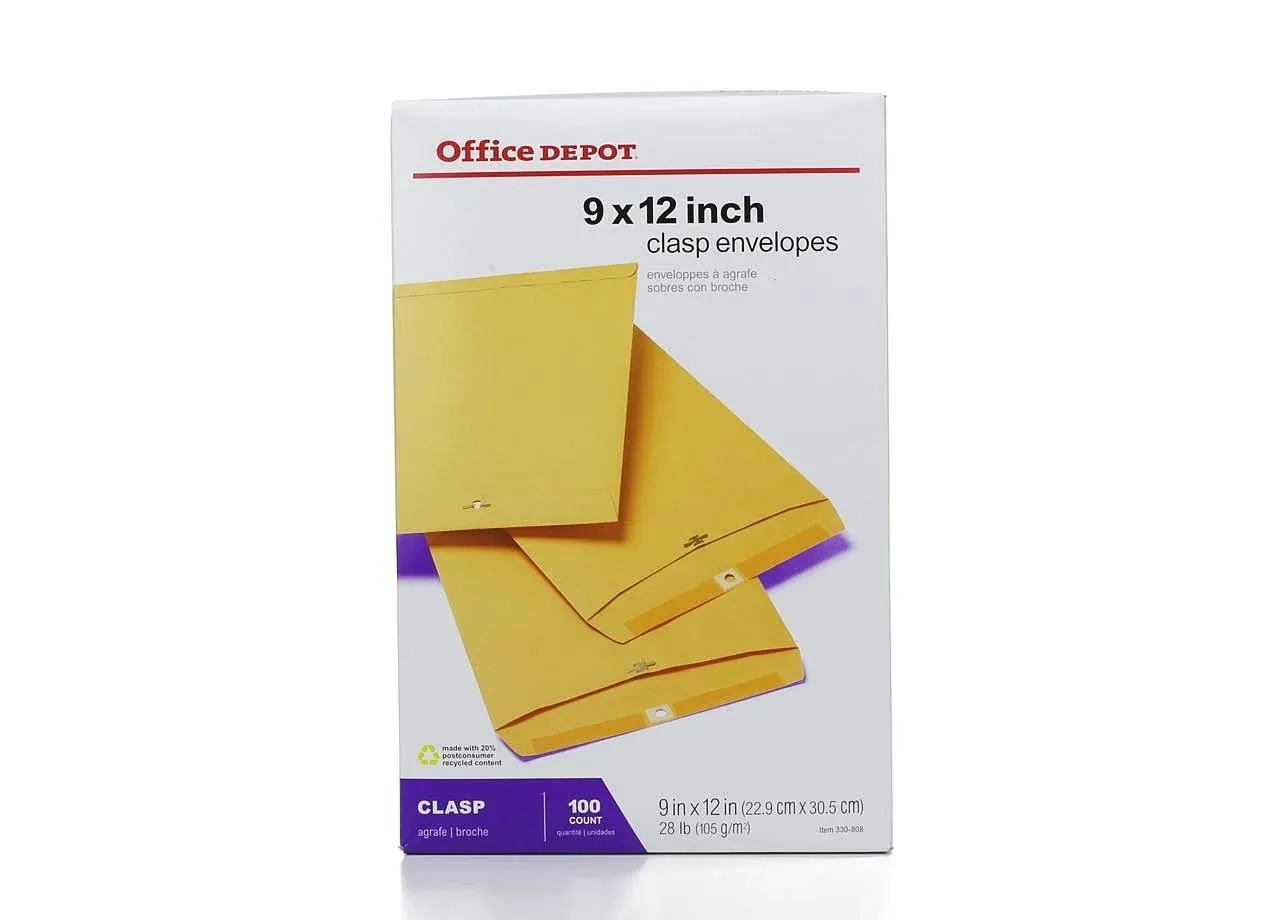 Office Depot Clasp Envelopes 9" x 12" Brown Box of 100