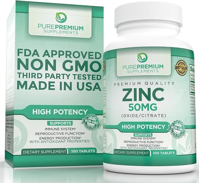 PurePremium Zinc 50mg - Natural Zinc Supplements for Men & Women - Vitamin Zinc Citrate/Oxide for Adults - High Potency Zinc Supplement for Immune Antioxidant, Energy Support - 100 Zinc Tablets