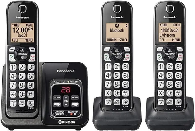 Panasonic KX-TG833SK Link2Cell Bluetooth with Talking Caller ID 3 Handset Cordless Phone (Renewed)