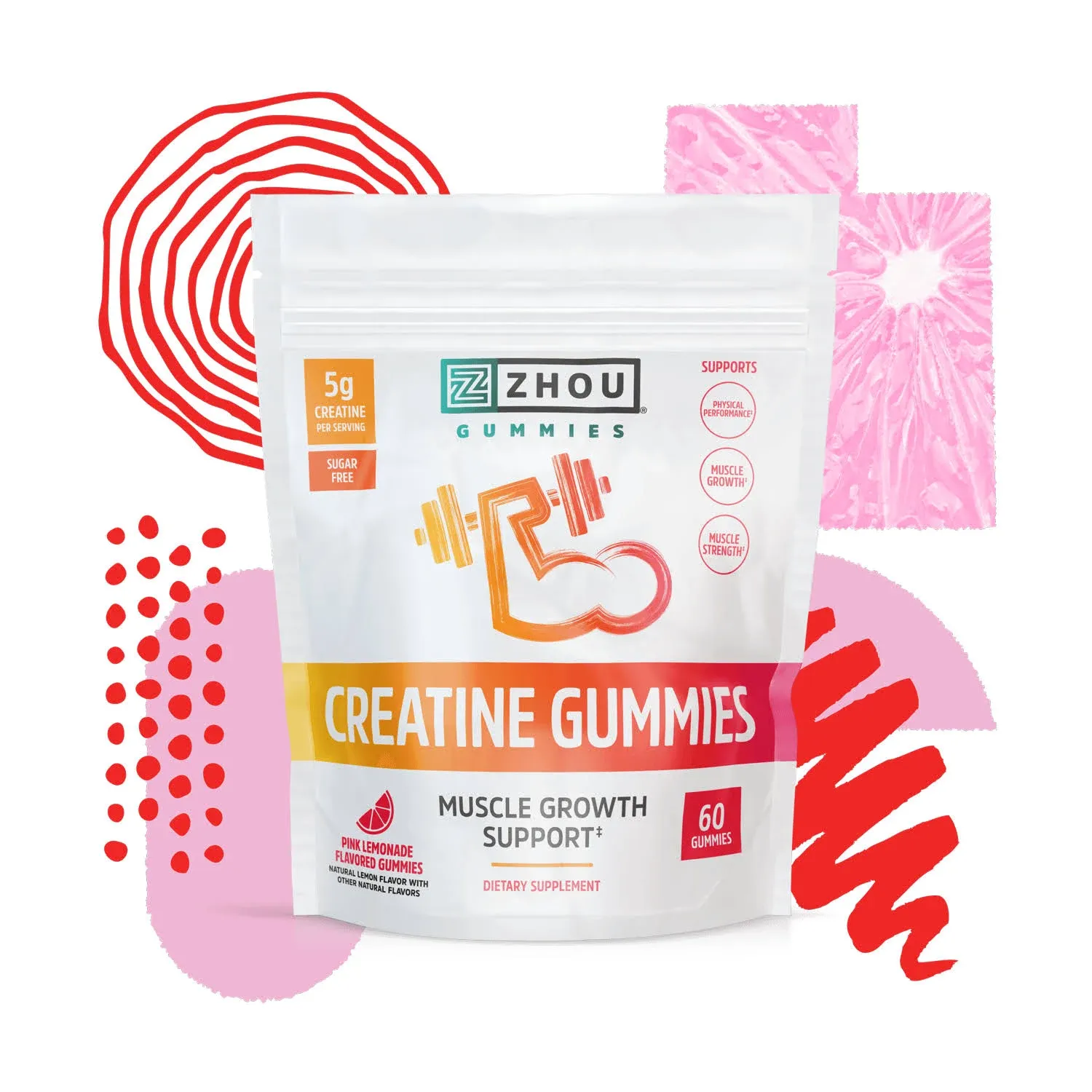 Zhou Nutrition Creatine Monohydrate Chewables 5g for Men & Women, Sugar Free, Organic, Non GMO, Pink Lemonade, 60 Creatine Gummies