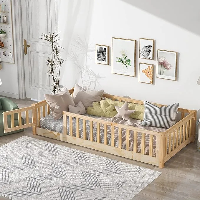 Twin Size Floor Bed Frame for Kids Wood Montessori Floor Beds with Fence Railings & Support Slats, Twin Playhouse Bed for Boys Girls, No Box Spring Needed, Natural