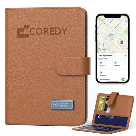 Coredy Passport Holder Travel Wallet Tracker, Locate with Apple Find My, Leather Passport Cover (Brown)