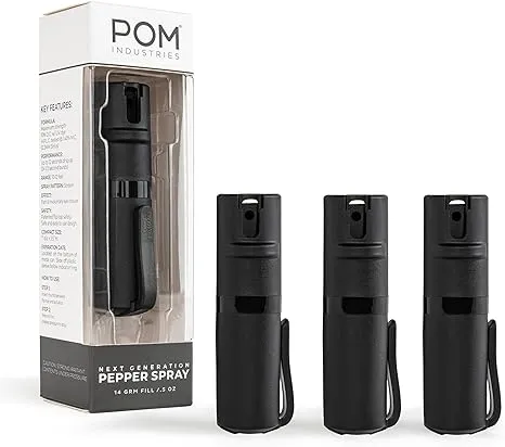 POM Pepper Spray Pocket Clip - Flip Top Safety - Maximum Strength OC Spray Self Defense - Tactical Compact & Safe Design - Quick Key Release - 25 Bursts & 10 ft Range (Group)