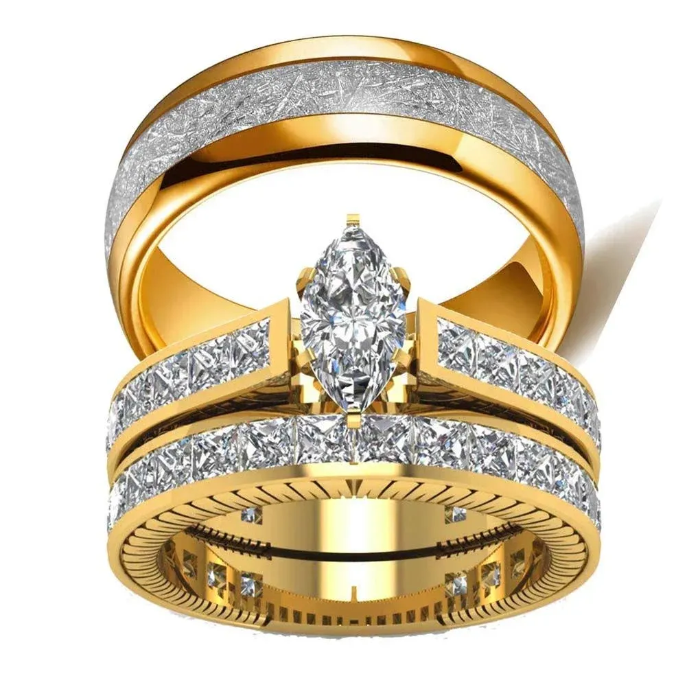 Two Rings His Hers Wedding Ring Sets Couples Rings Women's 10K Yellow Gold Filled ...