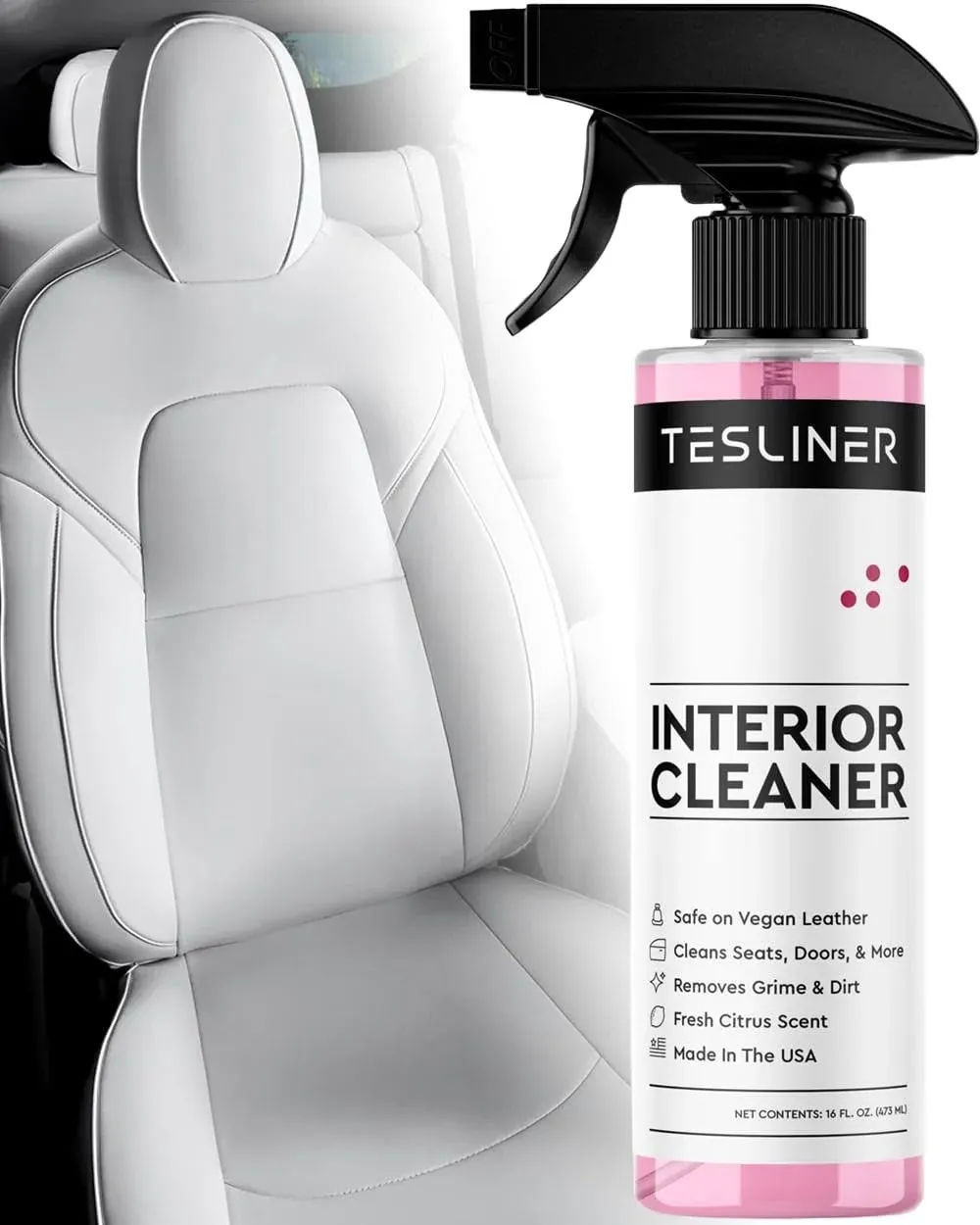 Tesla White Seat Cleaner for Stains, Blue Dye - Biodegradable, Interior Tesla Cleaning Products for Vegan Leather - Seats, Dash, Console, Doors | Tesla Model 3 Y S X Car Accessories for 2023 & 2024