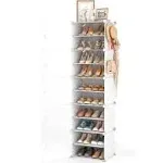 10 Tier Shoe Storage Cabinet with Door, Portable Narrow Organizer Rack for 20 Pairs, White Plastic with Hooks for Entryway or Bedroom