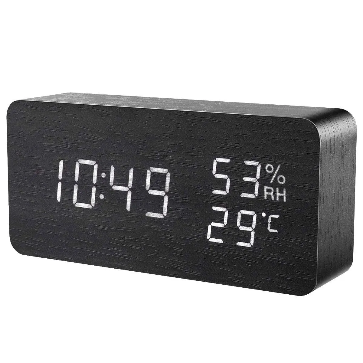 KeeKit Digital Wooden Alarm Clock, Electronic LED Desktop Clock with Temperature Humidity Time Display, 3 Alarm Settings, Voice Control, 3 Levels Adjustable Brightness for Home, Bedroom, Office