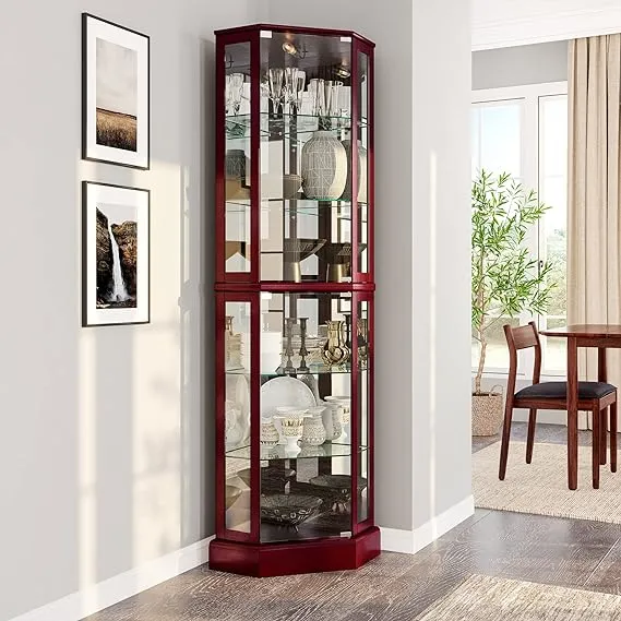 Belleze Lighted Corner Display Curio Cabinet Wooden Curved Shelving Unit with Tempered Glass Door, Bar and Liquor Storage Area with 6