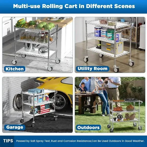 Leteuke 3 Tier Rolling Carts with Wheels,990Lbs Heavy Duty Rolling Utility Cart,NSF Commercial Grade Metal Cart with Handle&Shelf Liner,Trolley Serving Cart for Kitchen,Restaurant,Plant Display,Chrome