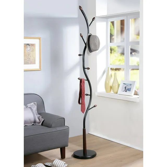 Roundhill Furniture Arles Metal Black and Walnut Standing Coat Rack