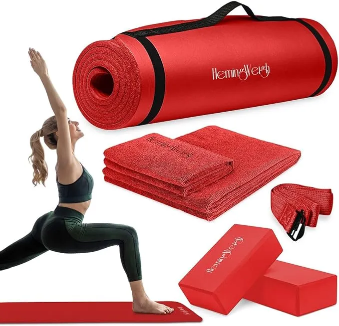 Hemingweigh 1/2 inch Thick Yoga Mat Kit with Non Slip Blocks, Strap, Towels, Red