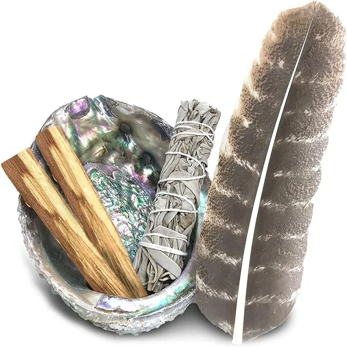 Smudge Kit - White Sage, Palo Santo, Abalone Shell, Smudging Feather, for Healing, Purifying, Meditating & Incense (Essentials)