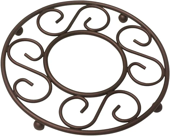 Home Basics Scroll Collection Steel Trivet for Hot Dishes, Pots And Pans, Round Design, For Kitchen & Dinning Table, Bronze