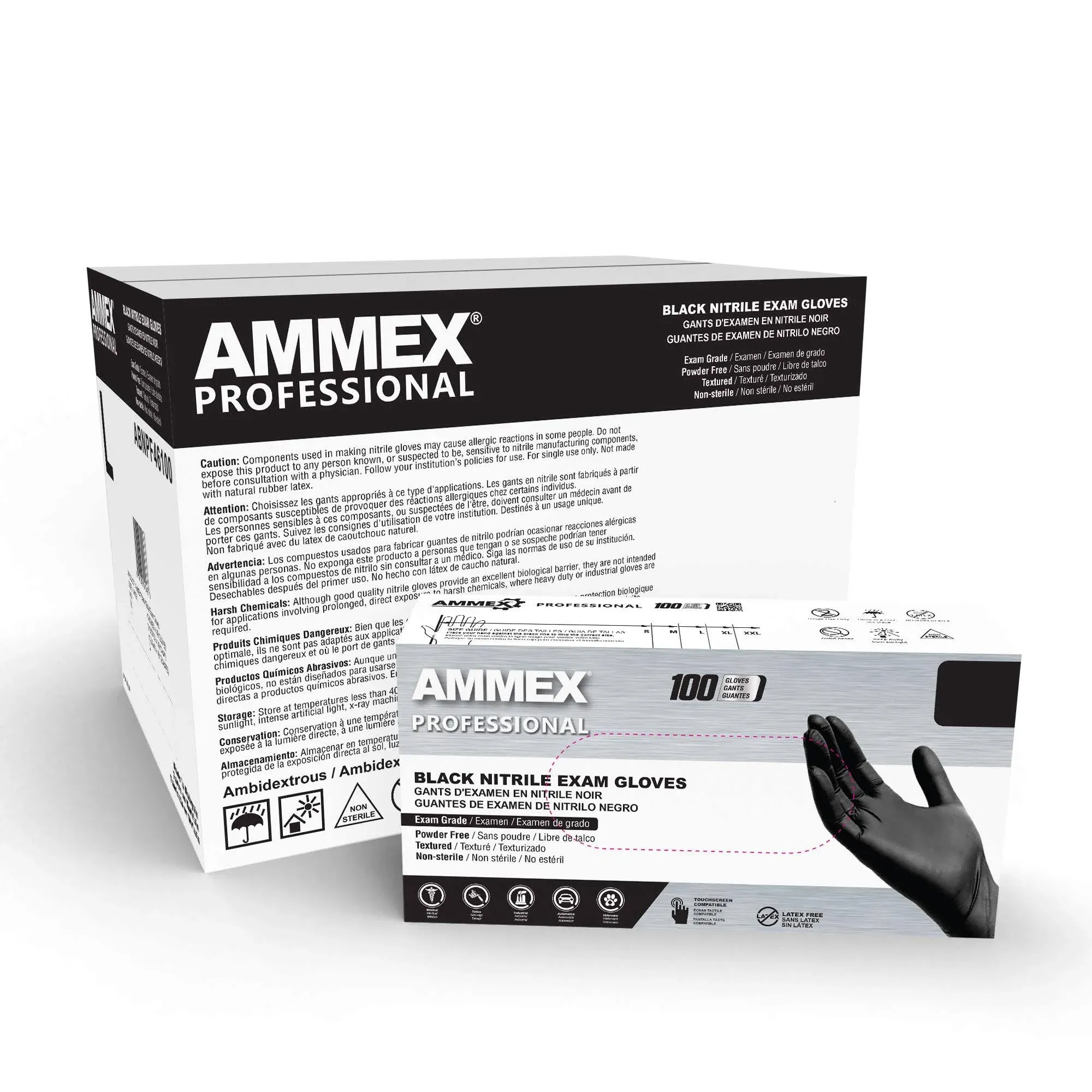 Ammex Black Medical Nitrile Exam Latex Free Disposable Gloves Case of 1000 - Medium