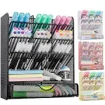 Spacrea Metal Pen Organizer, Pencil Holder for Desk, Desk Organizer with Drawer for School, Home, Art Supplies (Black)