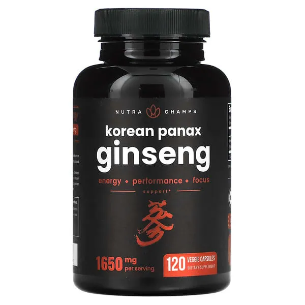 NutraChamps Korean Red Panax Ginseng Capsules | Extra Strength Ginsenosides for Energy, Focus, Performance, Vitality & Immune Support | Korean Red Ginseng Root Extract Powder Supplement | Vegan Pills