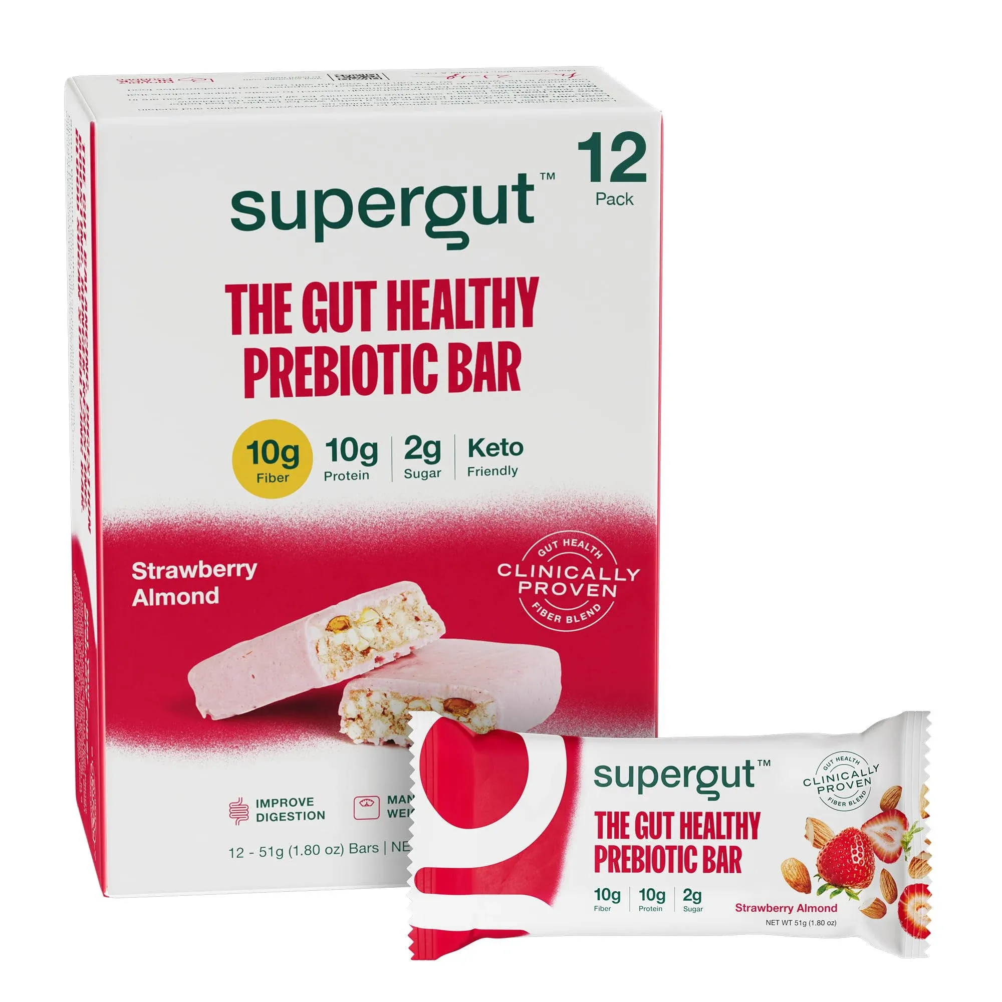 Supergut The Gut Healthy Prebiotic Bar Healthy - Strawberry Almond (12 Bars)
