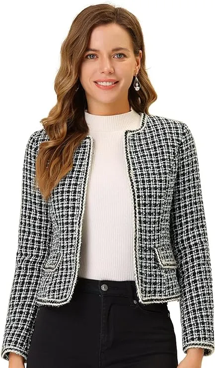 Allegra K Women's Plaid Tweed Blazer Long Sleeve Open Front Work Office Short Jacket