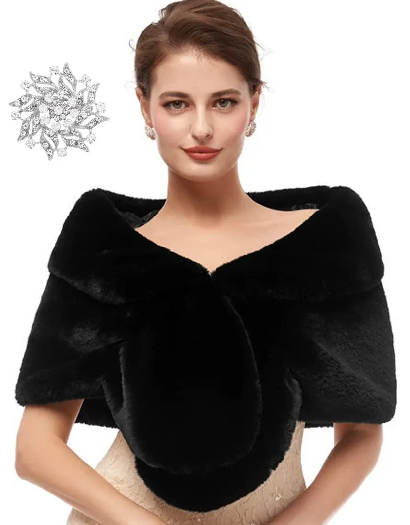 Sakytal Women&#039;s Faux Fur Shawls Black Fur Stole with Brooch for Bride and Bri...