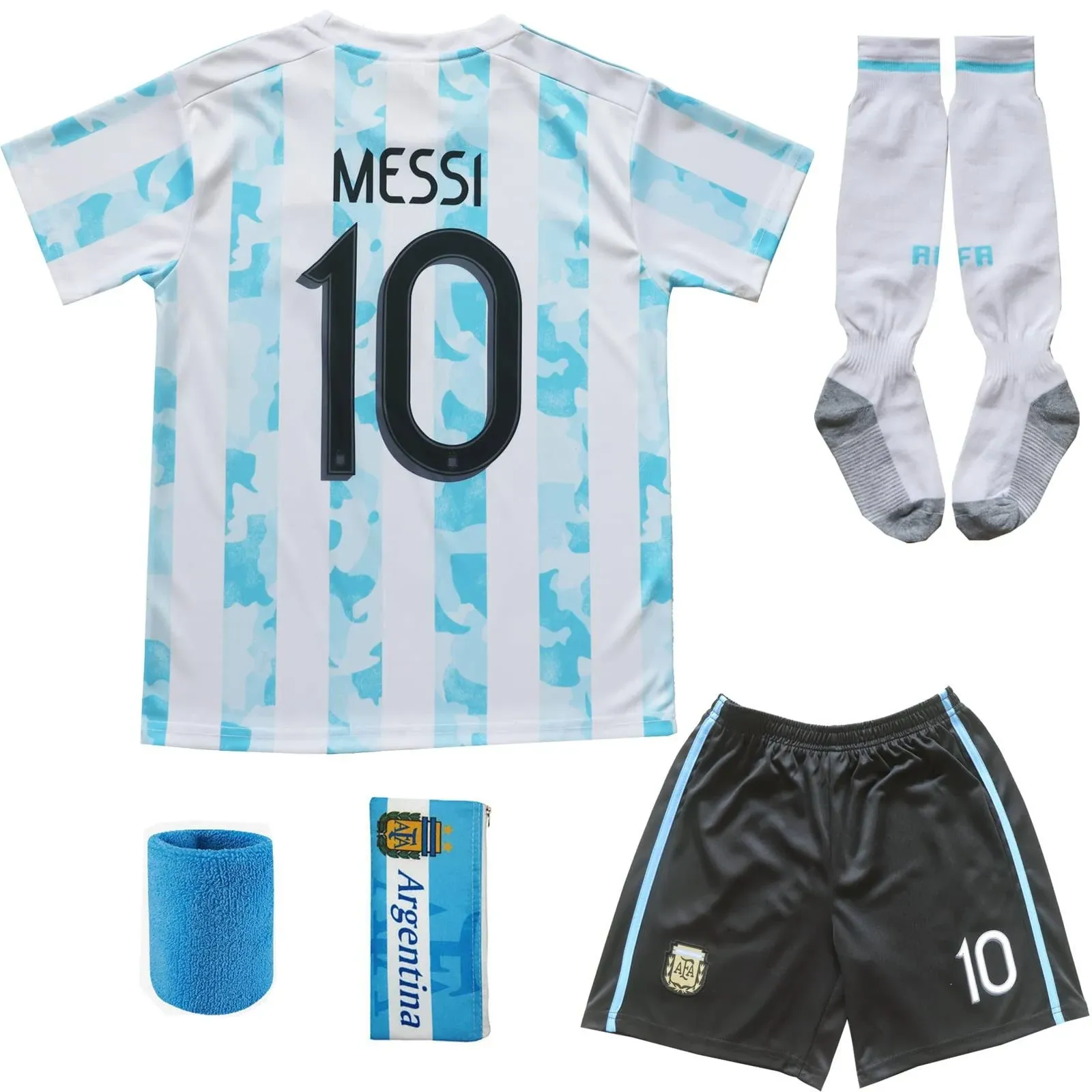 BIRDBOX 2021 Argentina Home Blue #10 Lionel Messi Kids Soccer Jersey & Shorts Set Youth Sizes