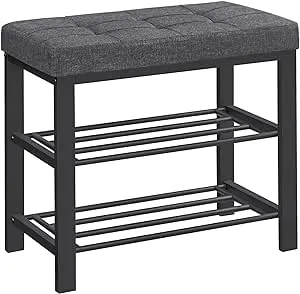 3-Tier Shoe Rack with Cushion, Modern Style Dark Gray + Black / 12.2"D x 23.6"W x 19.3"H