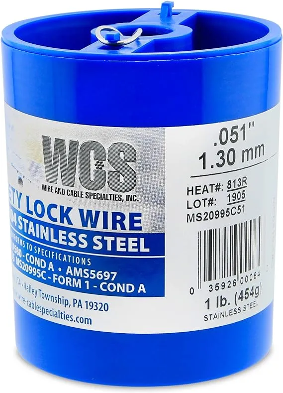 Lock Wire, T302/304 Stainless, NASM20995, MS20995C, ASTM A580 Cond A, AMS5697.051 in (1.3 mm), 1 lb (0.45 kg) Dispenser Can, approx. 143 ft (43 m)Lock Wire, T302/304 Stainless, NASM20995, MS20995C, AS…