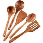 Wooden Spoons for Cooking, Tmkit Cooking Utensils Set of 6 Natural Teak Wooden Cooking Spatulas with Utensils Holder Comfort Grip Wooden Kitchen Utensils for Nonstick Cookware