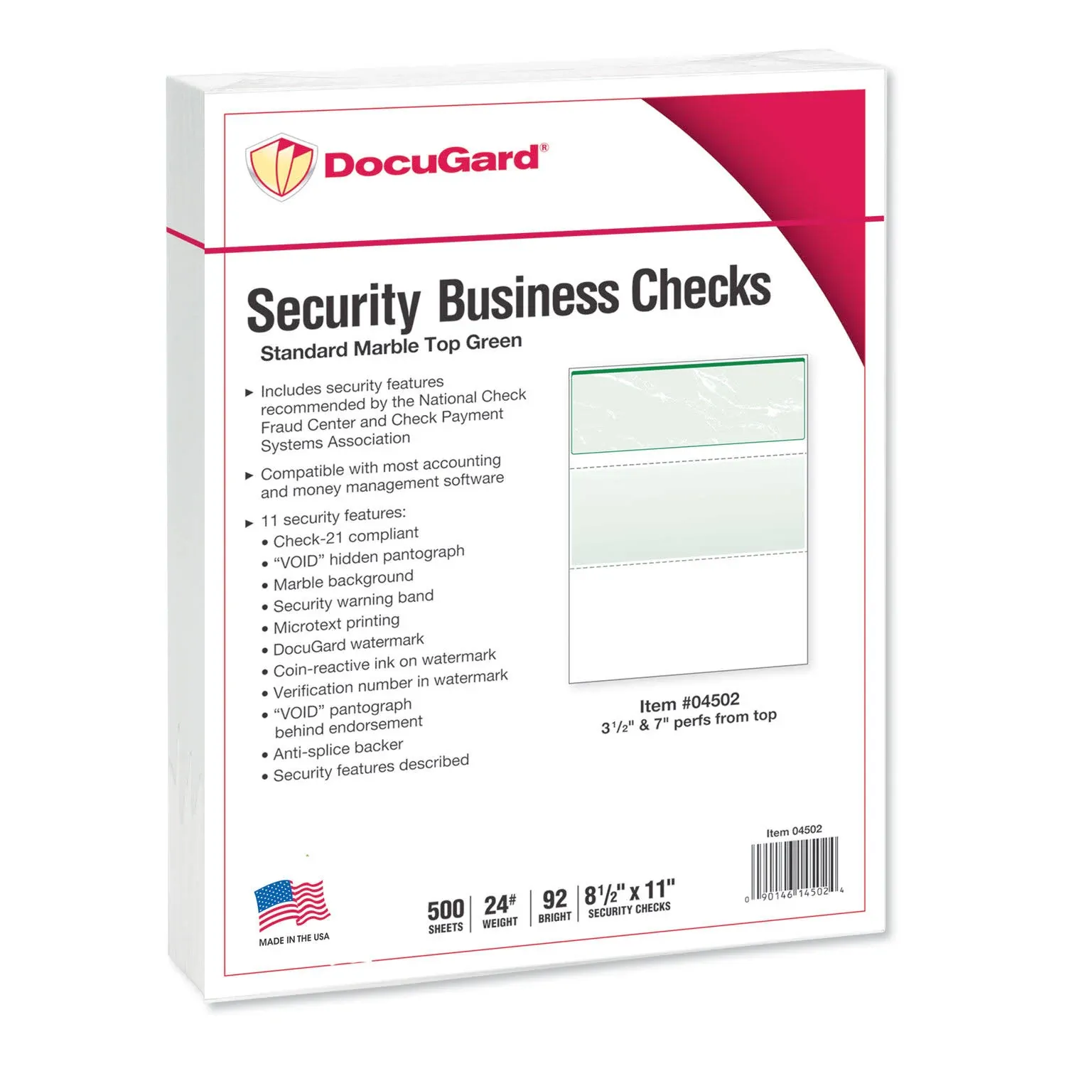 DocuGard - Standard Security Check, 11 Features, 8.5 x 11, Green Marble Top, 500/Ream